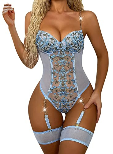 Body Ouvert À L'Entrejambe Femme Secret Lingerie Femmes Sexy dentelle florale chaîne liée jarretière Teddy body avec anneau de jambe Lingerie Tenue Sexy Femme Érotique Hot Xxl Tenu (Light Blue, XXL)
