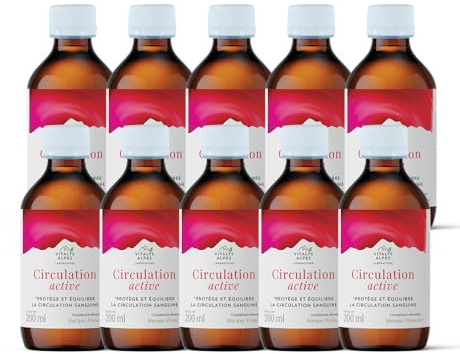 Circulation Active - Lot de 10 Flacons de 200 ml - Sirop à base de Vigne Rouge et plantes - Favorise la circulation sanguine - Soulage les jambes lourdes - Vitalys Alpes - Fabriqué en France