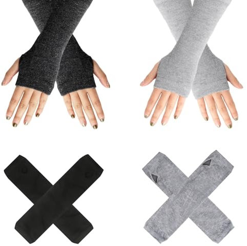 2 Paar Lange Armstulpen, Thermo Gestrickte Fingerlose Handschuhe für Damen und Herren, Winter Warme Pulswärmer mit Daumenloch, Elastische Handstulpen für Outdoor Aktivitäten und Alltag