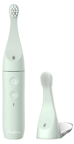 Pure Enrichment PureBaby Infant-to-Toddler Electric Toothbrush - Waterproof Baby & Toddler Toothbrush with Silicone & Bristle Heads, Sonic Vibration, & Timer - Ages 6 Mo-3 Yrs (Sage Green)