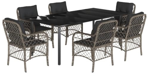 HETFTJN Balkon Lounge Bierzeltgarnitur Terassenmöbel Außen Outdoor Furniture - 7-TLG. Garten-Essgruppe mit Kissen Grau Poly Rattan für Garten Terrasse Restaurant Balkon