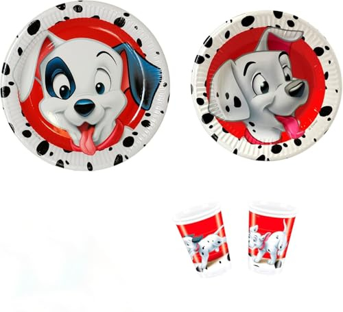 Disney Juego de 12 platos de papel la carga de los 101 dálmatas (6 de 23 cm + 6 de 20 cm) + 8 vasos para fiesta de cumpleaños