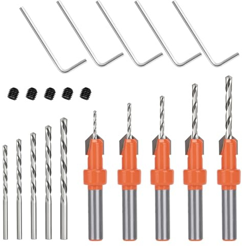 Countersink Drill Bit, 5PCS Drill Countersink Bit Set, 5 Replaceable HSS Bits and 5 Hex Wrench for Wood Drilling Plastic Soft Metal PVC