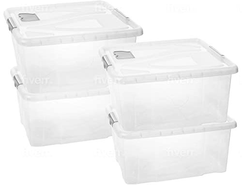 2friends Lot de 4 boîtes de rangement avec couvercle de 60 l - Boîtes en plastique empilables pour bureau, cuisine, garage et chambre d'enfant - Caisses pratiques avec fermetures à clip, rabats