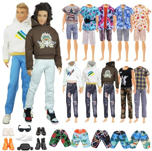 22 Fashion Kleidung und Zubehör Kompatibel mit 11.5 Zoll Boy Puppen, Enthält 7 Bekleidung 7 Paar Hosen 5 Paar Schuhe 1 Surfbrett 1 Brille 1 Tasche, 7 Sets Kleidung Strandsport + Casual Style