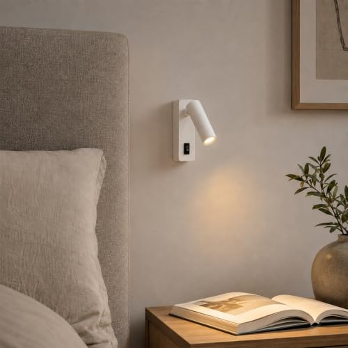 Alpinaluz Aplique de Pared LED Lectura 2W 3000K Aluminio Blanco Mate | Cabezal cilíndrico orientable 360°, interruptor en base para cabecero, dormitorio, hotel, escritorio y lectura