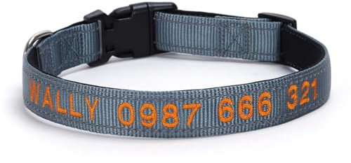 Personalisiertes Hundehalsband mit Namen, individuell bestickter Kosename und Telefonnummer, verstellbare Größen, kleine Schnellverschlussschnalle, reflektierende Haustierhalsbänder (grau)