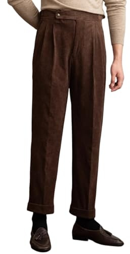 Pantalons Gurkha pour hommes, pantalons de costume plissés sans plis en velours côtelé vintage, style italien de Naples, pantalons habillés taille haute, marron, 31 W