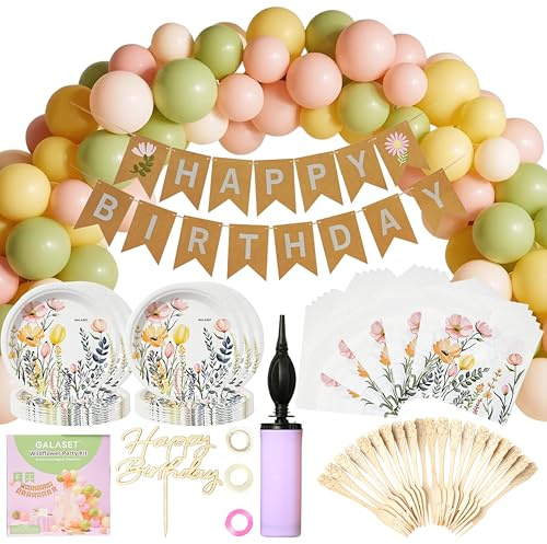 Spring Birthday Party Decorations, Flower Birthday Decorations, Includes Balloon Arch Kit, Pump, Banner, Paper Plates, Napkins, Forks, Cake Topper, Wildflower Decor, Floral Theme, Serves 20 Guests