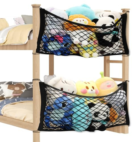 LAHAQIQI Spielzeug Kuscheltier Aufbewahrung Netz für Kinderzimmer，Bettseite Stofftier Organizer Hängend Elastisches Netztasche mit Tethe für Kinder (Schwarz, 2 Stück)