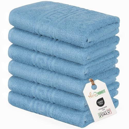 nice homeit Lot de 6 Serviettes pour Le Visage et Les Mains 40 x 60 cm – Serviettes de Bain en 100% Coton, Fil à Anneau – Extra Doux et Absorbant. Fabriqué en Italie – Bleu