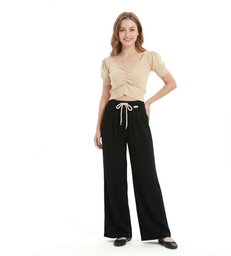 GLOWELFA Pantalon Fluide Femme Été Jambe Large Taille Haute Élastique avec Cordon Style Palazzo Léger Respirant Confortable Noir (G8555,M,Noir)