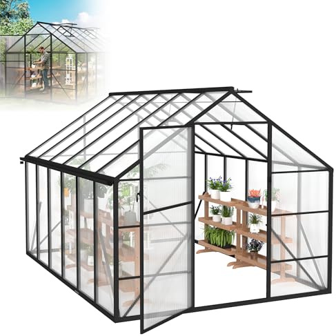 XMTECH Serre en aluminium 380 x 250 x 205 cm avec plaques alvéolaires en polycarbonate de 4 mm – Résistant aux UV, aux intempéries et aux tempêtes – Avec porte coulissante, fenêtre de toit et