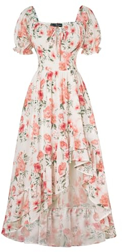 SCARLET DARKNESS Womens Summer Casual Maxi Dress UK Wedding Guest Milkmaid Long Dress Cocktail Party Beach Sundress for Ladies White Orange Floral L