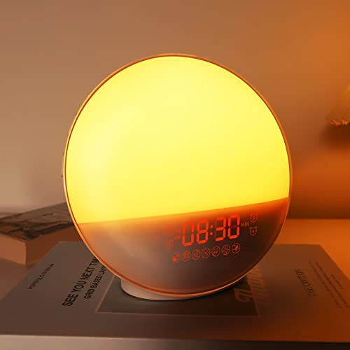 Wake Up Lichtwecker mit Sonnenaufgangssimulation, Digitaluhr Radio, Schlummerfunktion, 2 Alarme, 7 Töne, 20 Helligkeitsstufen für Erwachsene und Kinder