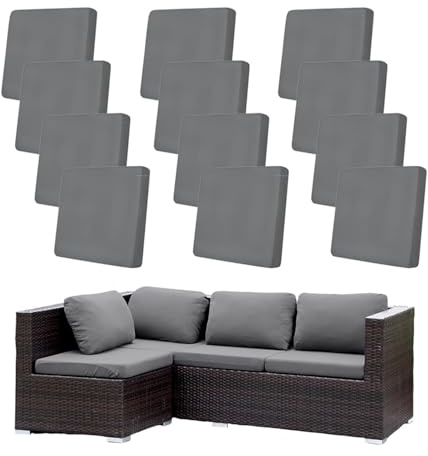 Hiseng Patio Cushion Covers Outdoor, 12 PCS Stretch Rattan Replacement Slipcovers for Garden Sofa & Couch, Grey Washable Individual Sofa Seat Cover with Elastic Band