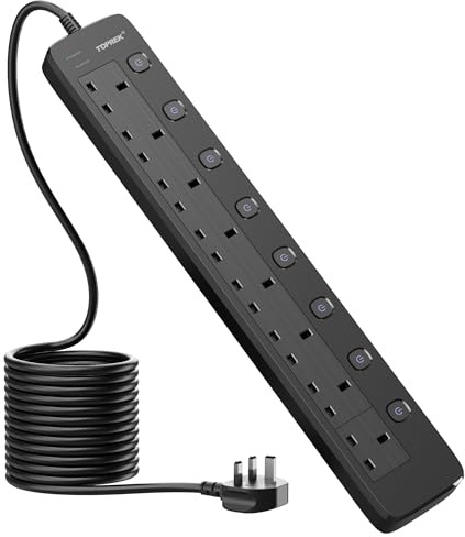 TOPREK 8 Way Extension Lead with Individual Switches, 5M Heavy Duty Socket | 2100 Surge Protected Extension Lead with Indicator Lights, Desk/Wall Mounted Power Strip for Office/Home/Computer Room/Garage