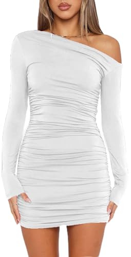 ELFIN Women's Sexy Bodycon Mini Dress Long Sleeve Off Shoulder Ruched Club Party Evening Short Dresses White