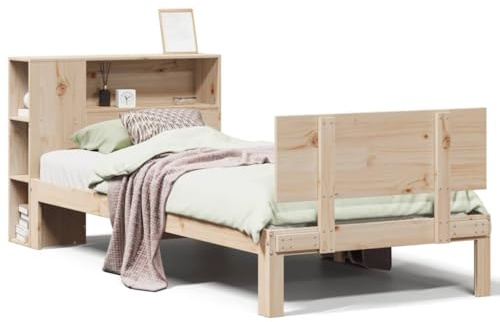 Eleganz Massivholzbett Kiefer 90x190 cm mit Regal - Langlebiges Holzbetten ohne Matratze für Schlafzimmer & Gastzimmer, Stabile & Natürliche Optik