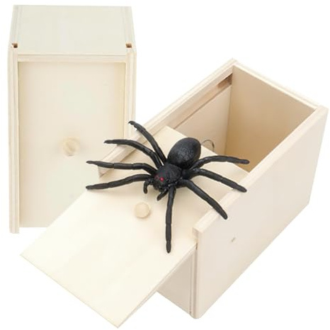 Bipl 2 Stück Prank Spinne, Spinnen Spielzeug Box Holz, Plastik Schwarze Realistische Spinne Springendes Geschenkboxen, Gift Halloween-Spielzeug Gummispinne, Scherzartikel für Halloween Party Streich