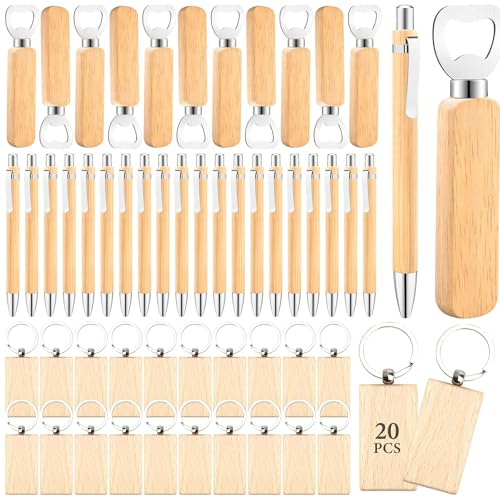 60 Pack Wooden Laser Engraving Blanks Set, DIY Personalised Craft Gifts | 20 Bottle Opener Blanks, 20 Wooden Keyrings & 20 Bamboo Pens for Wedding Favours, Bar, Party, Office