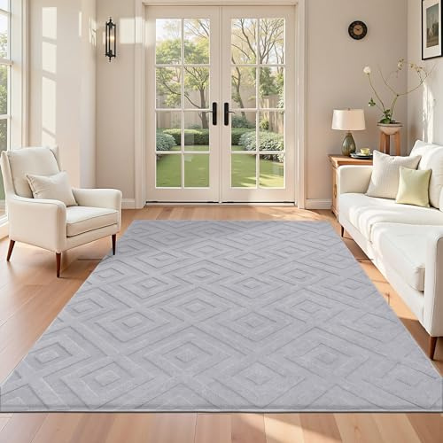 SHACOS Tapis Salon 140x200 cm, Moderne Poils Courts Motif Geometrique Tapis Chambre, Adulte Style Scandinave Bohème Doux Antidérapant Décoratif pour Salon Chambre, Gris Clair