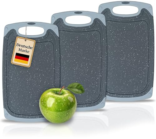 KPYTO 3 große Frühstücksbrettchen aus Kunststoff, 31x19 cm, Schneidebrett Set,spülmaschinenfest, beidseitig, rutschfest mit Saftrille, schwarze Brettchen mit grauem Rand, Brotzeitbrett