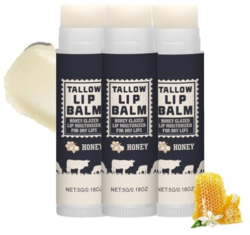Tallow Lip Balm, Beef Tallow and Honey Lip Balm,Gras-Fed Beef Tallow Honig Lippenbalsam,Tallow Original Balm Nature,Rindertalg Lippenbalsam Bio,Natürlicher Lippenpflege für Trockene Haut (3PC)