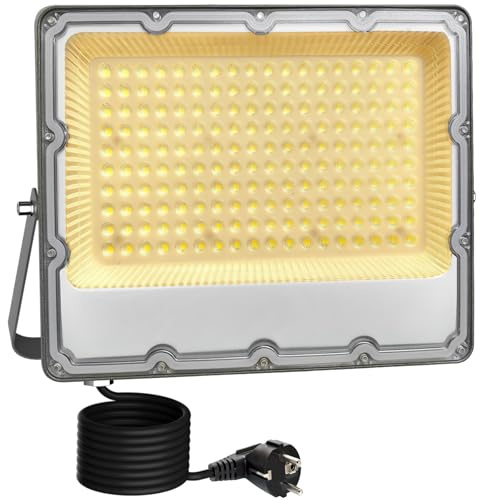 MEEKBOS 150W LED Flodljus Utomhus, 3000K Varmvit, 15000 Lumen Super Bright Säkerhetslampa med Schuko Kontakt, IP66 Vattentålig för Trädgård, Garage, Gräsmatta, 220V–240V AC 50Hz
