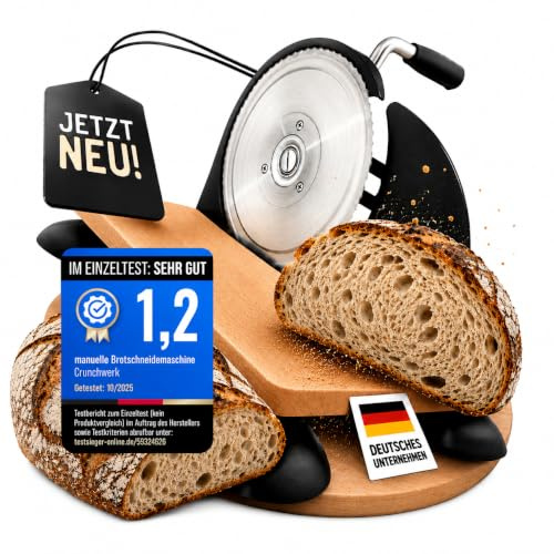 CRUNCHWERK® Brotschneidemaschine manuell – Hochwertiger Edelstahl Allesschneider mit Kurbel & Holzbrett | Präziser Schnitt, Retro-Design, rutschfeste Saugfüße für Brotliebhaber | Schwarz