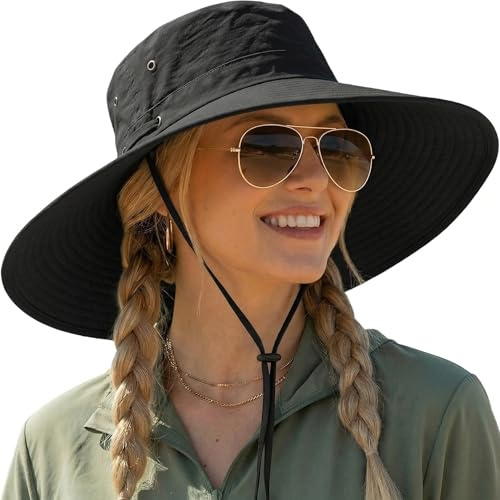 Sonnenhut Damen mit UPF 50+ Schutz, 12 cm Breite Krempe, Faltbarer Sommerhut mit Kinnriemen, 2 Trageweisen Fischerhut/Cowboyhut, Atmungsaktiv inkl. 5 Schweißpads – Outdoor Strandhut Wandern (Schwarz)