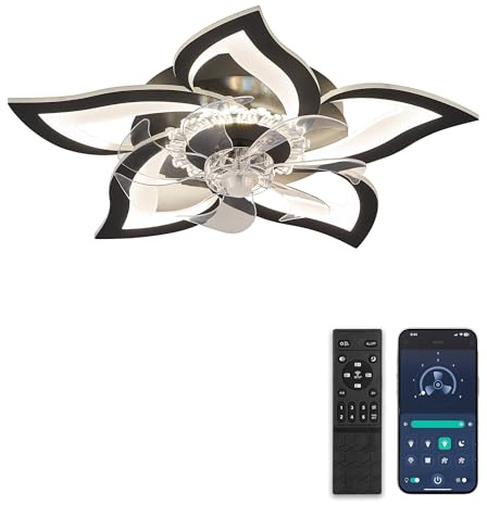 ZMISHIBO Deckenventilator mit Beleuchtung,69cm,Lampe mit Ventilator,DC-Motor,6 Geschwindigkeiten,dimmbare LED,Bluetooth-App,Timer,leise,Blütenform-Design in Schwarz für Schlafzimmer und Wohnzimmer