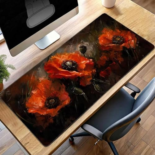 JEPGFOU Mouse Mat, Gaming Mouse Pad Red, 800x300x3mm Large Mause Mat Flower, Non-Slip Rubber Base Accessories, Waterproof, Stitched Edges Mausepad, Improved Precision and Speed PjY1448 S-C