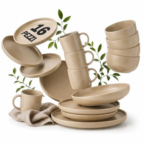 BAKAJI Servizio Piatti Terracotta da 16 Pezzi x 4 Persone, Design Moderno in Gress Smaltato, Tazze, Piatti Fondi, Piani, Dessert, Resistenti ai Graffi, Lavabili in Lavastoviglie (Sabbia)