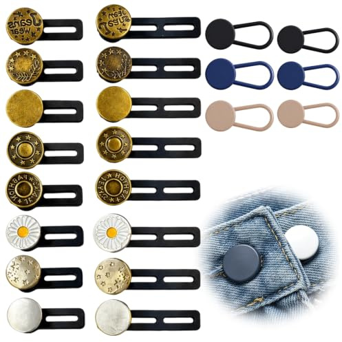 22 Pièces Rallonge Bouton Pantalon, Extension Bouton Pantalon Ajustable pour Jeans et Chemises, Elargisseur Pantalon Élastique, Bouton Jean Sans Couture pour Homme et Femme