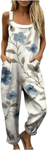 Generico Salopette Donna Estiva Tuta - Cotone e Lino Boho Chic Tute Jumpsuit con Tasche Casual Pantaloni Senza Maniche Vintage Tutina Comoda da Mare Vacanza