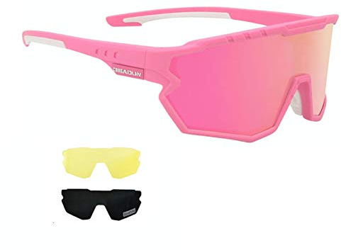 GIEADUN Sports Sunglasses Cycling Glasses Baseball Sunglasses Pink Polarized Glasses with 3 lenses,Fishing,Ski Running Golf (Pink, Large)