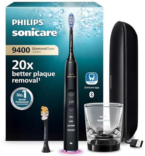 Philips Sonicare DiamondClean Smart 9400 Electric Toothbrush, Sonic Toothbrush with App, Pressure Sensor, Brush Head Detection, 4 Brushing Modes and 3 Intensity Levels, Black, Model HX9917/89