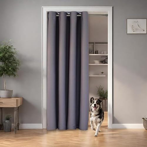 tinycurtains, Thermo Türvorhang mit Vorhangstange & Magneten zum Abdichten, einfache Montage ohne Bohren in 1 Min (195 x 150 cm grau + Stange Silber 55-90 cm + 6 Magnete)