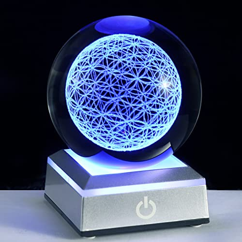 Qianwei Blume des Lebens Kristallkugel mit farbiger LED-Beleuchtung, Touch-Basis, heilige Geometrie, Kristallkugel Sternenlicht-Magie, Feng Shui-Dekor, lasergraviert, Suche nach Blume in einer Kugel