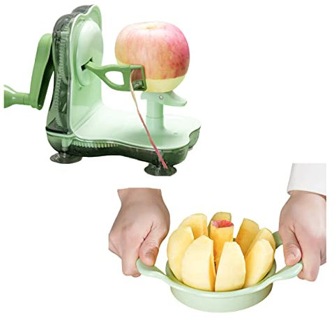 AJEYPMZ Peladores de Manzana con manivela + Juego de rebanador, descorazonador y Divisor de Mango de Pera de Fruta, Herramienta para pelar Verduras de Cocina,Green,2pcs