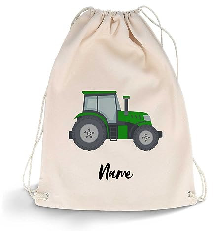 GRAVURZEILE Bedruckter Turnbeutel - Cartoon Traktor Design & Wunschname - Sportbeutel Rucksack Daypack Gymbag mit Kordelzug - für Schule & Freizeit Sport - für Jungen & Mädchen - 12 Liter 33x45 cm