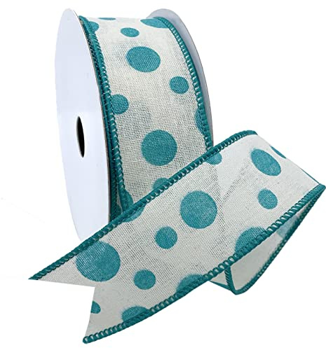 Morex Ribbon Wired Linen Bubble Dots Ribbon, 1.5 inches by 10 Yards, Teal, 7578.40/10-342