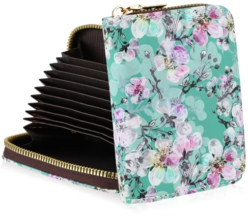 Amaxiu RFID Blocking Card Wallet, Women's Compact PU Leather Credit Card Holder with Zipper Coin Pouch, Floral Design, Turquoise