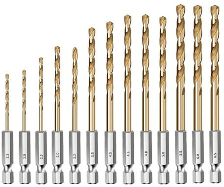 Bestgle Set di 13 Punte Elicoidali in Acciaio ad Alta Velocità, Acciaio HSS Rivestito in Titanio, 1.5mm-6.5 mm Set Punte Elicoidali HSS da 1/4
