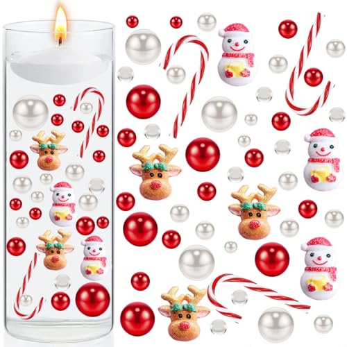 Gbbazu 6054Pcs Christmas Vase Filler, Filler Beads Floating Pearls and Candy Water Beads for Vase, Christmas Red White Green Floating Pearls Acrylic Plastic Glass Candy Canes Vase Filler (F)