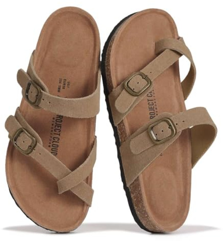 Project Cloud 100% Genuine Leather Womens Sandals -Lightweight Womens Slides Memory Foam Insole & Cork Footbed Sandals Women - Non-Slip Beach Essentials Summer Sandals for Women 2026(Lian,CHSTNUT,7)