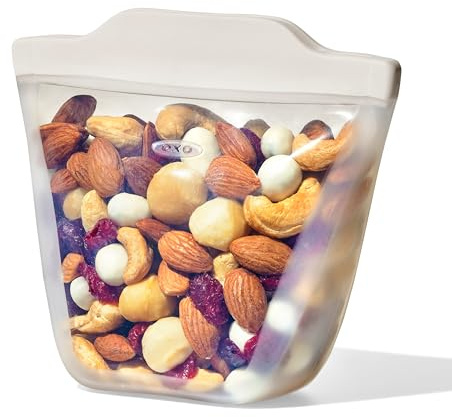 OXO Good Grips Silicone Reusable Bag - Stand-Up Cup (8 oz), Oat | Self-Standing for Easy Filling, Leakproof Seal, Ideal for Snacks, Sauces, Baby Food, Freezer and Microwave Safe