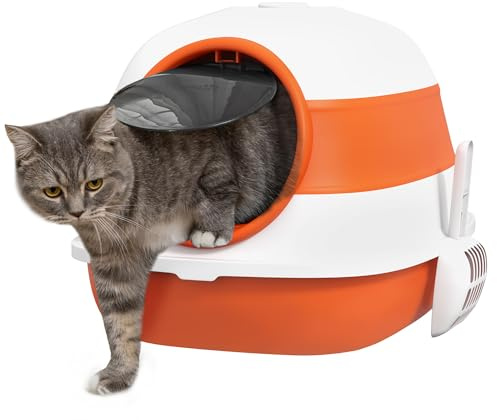 PawHut Katzentoilette mit Deckel, zusammenklappbares Katzenklo inkl. Deodorant, Bodengitter und Streuschaufel, geräumig für Katzen, Weiß+Orange, 52 x 41 x 38 cm