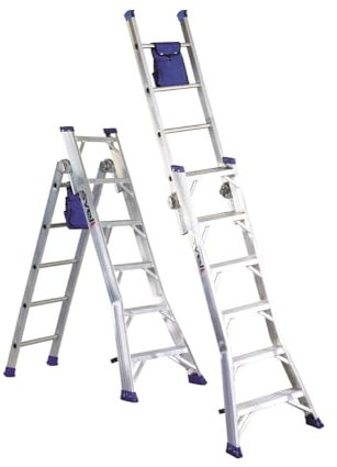 Svelt Scala Professionale in Alluminio, Multiposizione a Doppia Salita, Trasformabile in Scala d'Appoggio, dotata di Borsa Porta-Attrezzi, Hybrid (5 Gradini)